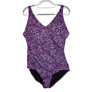 Speedo Womens 12 V-Neck Purple & Black Patterned One-Piece Swimsuit